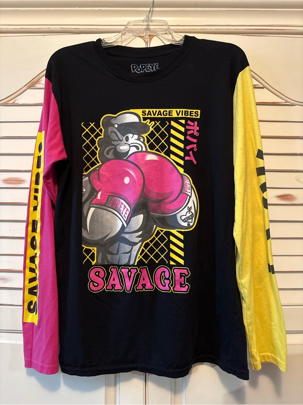 Popeye 'Savage Vibes' Long Sleeve Graphic Tee - Black, Pink & Yellow